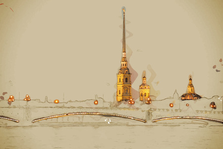 The Peter and Paul Fortress, Saint Petersburg, Russia. Travel background illustration. Painting with watercolor and pencil. Brushed artwork. Vector format.のイラスト素材