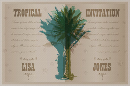 Tropical Invitation template for wedding, engagement and other events. Colorful background with silhouette of palm trees on the beach. Tropical seasonal background for vacation and summer.のイラスト素材