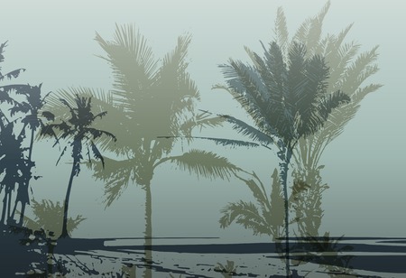 Colorful background with silhouette of palm trees on the beach. Tropical seasonal background for topics of travel, vacation and summer.のイラスト素材