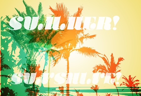 Colorful background with silhouette of palm trees on the beach. Tropical seasonal background for topics of travel, vacation and summer.のイラスト素材