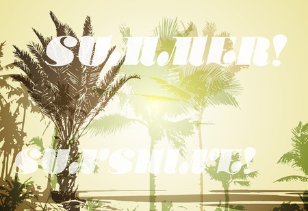 Colorful background with silhouette of palm trees on the beach. Tropical seasonal background for topics of travel, vacation and summer.のイラスト素材