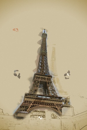 Eiffel tower at dusk, above clouds. viewd from Seine. Travel background illustration. Painting with watercolor and pencil. Brushed artwork.の写真素材