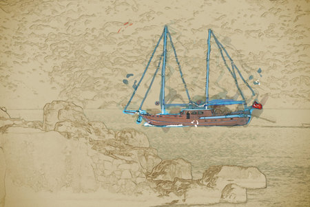 ancient city in Kekova and a boat with turkish flag, Antalya, Turkey.Travel background illustration....