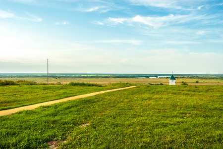 Little chapel with beautiful landscape in Konstantinovo, Russia - the birthplace of russian poet Sergei Yeseninの写真素材