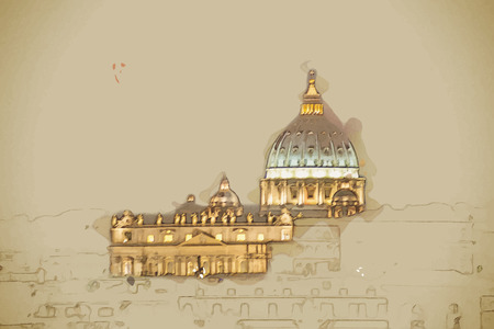 Night view at St. Peter's cathedral in Rome, Italy. Travel background illustration. Painting with watercolor and pencil. Brushed artwork. Vector format.のイラスト素材
