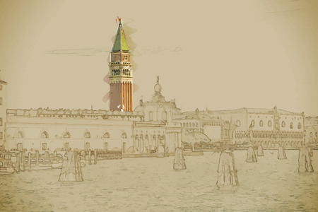Travel background in vector format. Modern stylish painting with watercolor and pencil. Piazza di San Marco view on Piazza di San Marco from a boat. Many moorings are visible on the water.のイラスト素材
