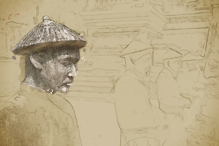 Travel background in vector format. Modern stylish painting with watercolor and pencil. Tomb of Khai Dinh emperor in Hue, Vietnam. のイラスト素材