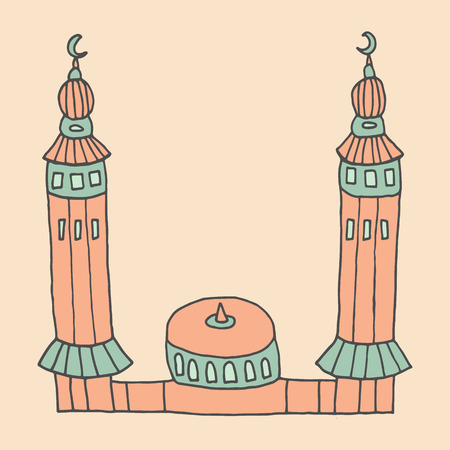 Colorful drawings of mosques. Hand drawn images of islamic worship places for holiday design. Doodles of different mosques.のイラスト素材