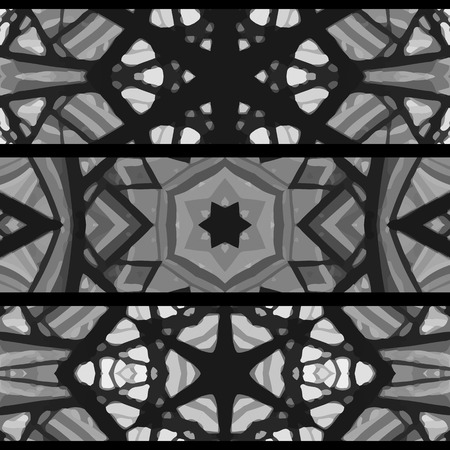 Set of stained glass banners. Three seamless symmetrical background templates. Stylish kaleidoscopic patterns, graphic design elements.のイラスト素材