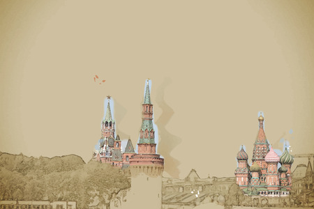 Travel background in vector format. Modern stylish painting with watercolor and pencil. Kremlin battlement in Moscow, Russiaのイラスト素材