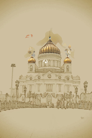 Travel background in vector format. Modern stylish painting with watercolor and pencil. Cathedral of Christ the Saviour in MOSCOW, Russia.のイラスト素材