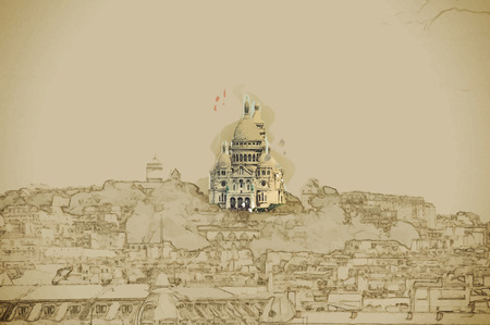 Travel background in vector format. Modern stylish painting with watercolor and pencil. Sacre Coer in cityscape of Parisのイラスト素材