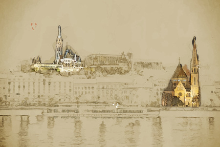 Travel background in vector format. Modern stylish painting with watercolor and pencil. Matthias church and the Fisherman's Bastion at night in Budapest Hungaryのイラスト素材