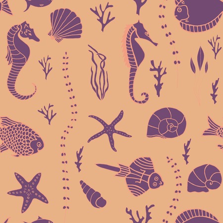 Seamless pattern with hand drawn fishes, corrals, shells, seaweeds and sea-horses. Perfect background texture for menus, booklets or web designs.のイラスト素材