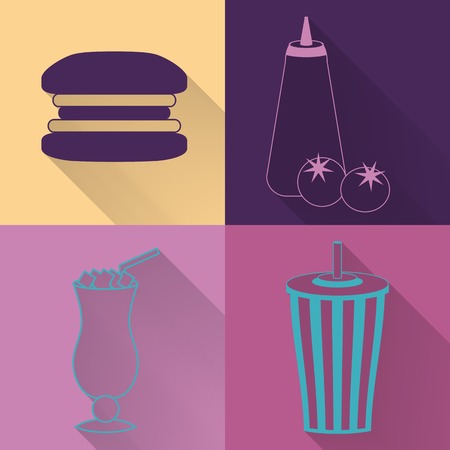 Set of four colored fast food icons in flat style. Template for fast food banner. Stylishly colored icons, design elements for restaurants, caffe and fast food places.のイラスト素材
