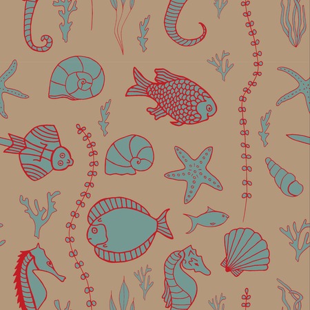 Seamless pattern with hand drawn fishes, corrals, shells, seaweeds and sea-horses. Perfect background texture for menus, booklets or web designs.のイラスト素材