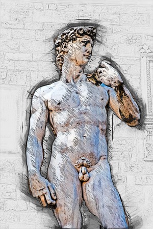 David by Michelangelo in front of Palazzo Vecchio, Florence Italy. Painting of travel scene, pencil outlines of background.の写真素材