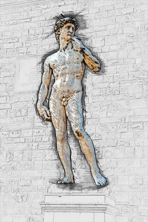 David by Michelangelo in front of Palazzo Vecchio, Florence Italy. Painting of travel scene, pencil outlines of background.の写真素材