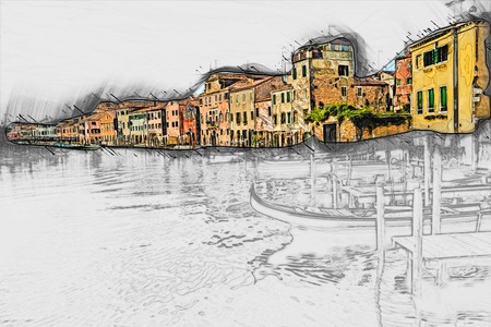 Beautiful colorful image of a canal in Venice with moorings and gondola in the forefront and old houses under blue cloudy sky in the background. Painting of travel scene, pencil outlines of backgroundの写真素材