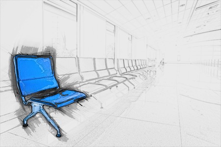 Airport waiting area with rows of blue seats. Background for topics of travel and business. Painting of travel scene, pencil outlines of background.の写真素材