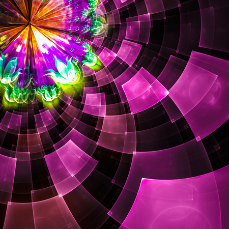 Abstract floral composition with circular checkered pattern. Colorful decorative texture for use in design projects as background or as distinct design element. Radial movement of colors and shapes.の写真素材