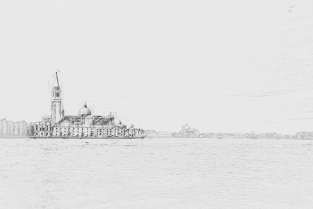Piazza di San Marco view on Piazza di San Marco from a boat. Painting of travel scene, pencil outlines of background.の写真素材