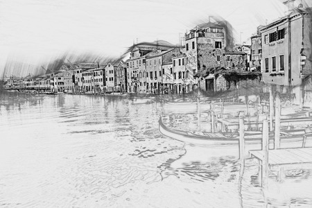 Beautiful colorful image of a canal in Venice with moorings and gondola in the forefront and old houses under blue cloudy sky in the background. Painting of travel scene, pencil outlines of backgroundの写真素材