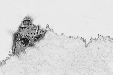 Beautiful view of the medieval fortress De La Fratta or Cesta overlooking the green hills of San Marino republic. Painting of travel scene, pencil outlines of background.の写真素材