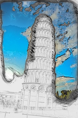 View of Leaning tower, Piazza dei miracoli, Pisa, Italy. Painting of travel scene, pencil outlines of background.の写真素材
