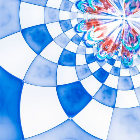 Abstract floral composition with circular checkered pattern. Colorful decorative texture for use in design projects as background or as distinct design element. Radial movement of colors and shapes.の写真素材