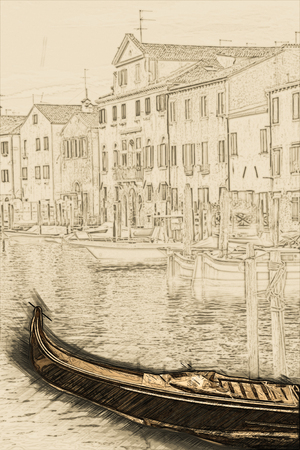 Beautiful colorful image of a canal in Venice with moorings and gondola in the forefront and old houses under blue cloudy sky in the background. Painting of travel scene, pencil outlines of backgroundの写真素材