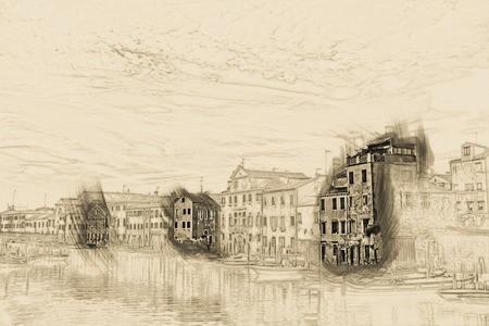 Beautiful colorful image of a canal in Venice with moorings and gondola in the forefront and old houses under blue cloudy sky in the background. Painting of travel scene, pencil outlines of backgroundの写真素材