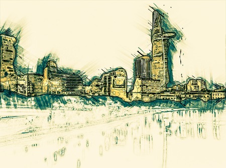 Cityscape of Ho Chi Minh at night with bright illumination of modern architecture, viewed over Saigon river in Southern Vietnam. Painting of travel scene, pencil outlines of background.の写真素材