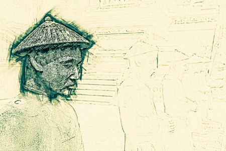 Tomb of Khai Dinh emperor in Hue, Vietnam. A UNESCO World Heritage Site. Painting of travel scene, pencil outlines of background.の写真素材