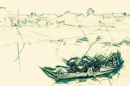 Tourists in a traditional vietnamese boat pass by a fishing net in Hoi An which is town recognized as a World Heritage Site by UNESCO. Painting of travel scene, pencil outlines of background.の写真素材