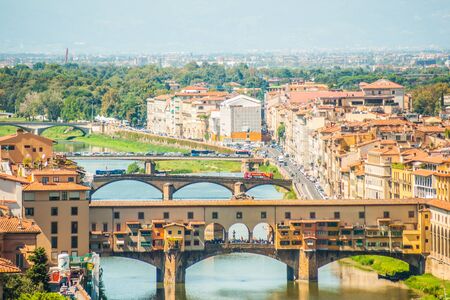 Pone Vecchio over Arno river in Florence, Italy. Beautiful image of italian renaissance architecture. Travel imagery of Italy.の写真素材