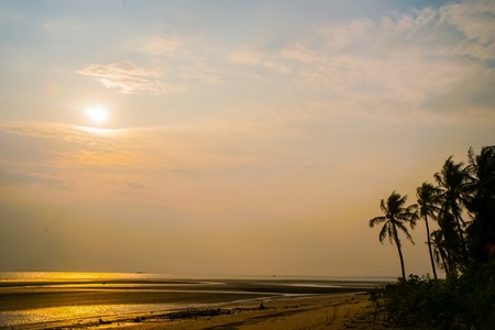 tropical resort with beach and palms at sunset, beautiful sky with cloudsの写真素材