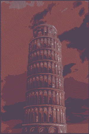 Famous pisan tower rendered with engraving effects.  Colorful strokes form an image of travel destination sight in Italy. Painting of Pisa Tower.のイラスト素材