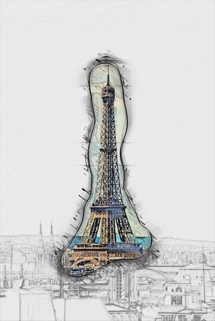 Eiffel Tower in the cityscape of Paris.  Painting of travel scene, pencil drawing outlines of backgroundの写真素材