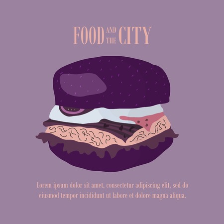 Fast food vector illustration with burger. Design elements for print, web, and other uses. Colorful stylish fast food icon on colored background with place for text and caption.のイラスト素材