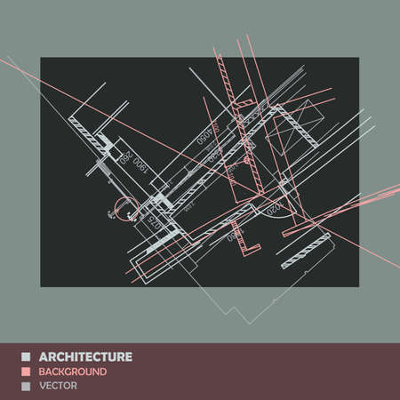 Drawing of abstract architectural detail on flat surface. Image of colorful blueprint for use as background for web and print. Draft plan of building. Minimalistic design, technology and architectureのイラスト素材