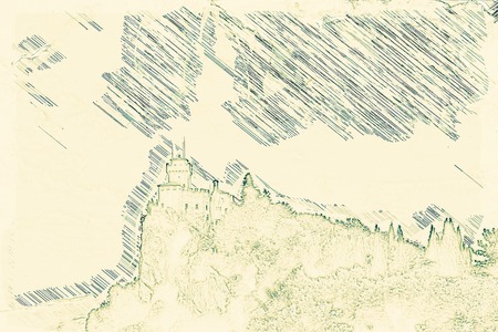 Beautiful view of the medieval fortress De La Fratta or Cesta overlooking the green hills of San Marino republic. Painting of travel scene, pencil outlines of background.の写真素材