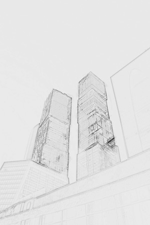 modern office buildings.  Painting of travel scene, pencil drawing outlines of backgroundの写真素材