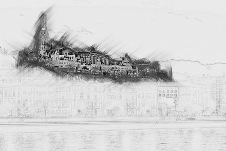 Matthias church and the Fisherman's Bastion at night in Budapest Hungary. Painting of travel scene, pencil drawing outlines of backgroundの写真素材