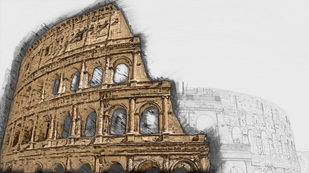 Colosseum (Coliseum) in Rome, Italy.  Painting of travel scene, pencil drawing outlines of backgroundの写真素材