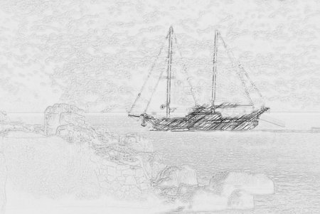 ancient city in Kekova and a boat with turkish flag, Antalya, Turkey.  Painting of travel scene, pencil drawing outlines of backgroundの写真素材