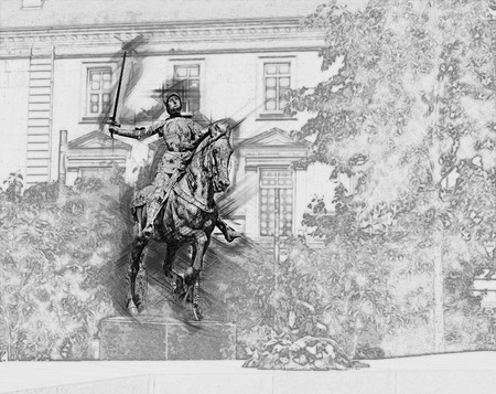 Jeanne d'Arc monument in Reims near cathedral.  Painting of travel scene, pencil drawing outlines of backgroundの写真素材