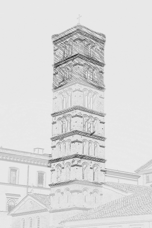 The church of Santa Maria in Cosmedin in Rome, Italy. The church is known to contain the famous sculpture La Bocca della Verita.の写真素材