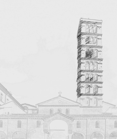 The church of Santa Maria in Cosmedin in Rome, Italy. The church is known to contain the famous sculpture La Bocca della Verita.の写真素材