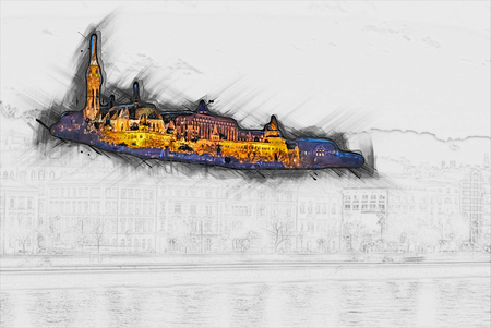 Matthias church and the Fisherman's Bastion at night in Budapest Hungary. Painting of travel scene, pencil drawing outlines of backgroundの写真素材